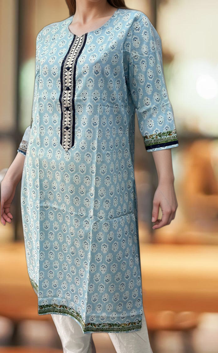 Light Blue Flora Jaipuri Cotton Kurti. Pure Versatile Cotton. | Laces and Frills