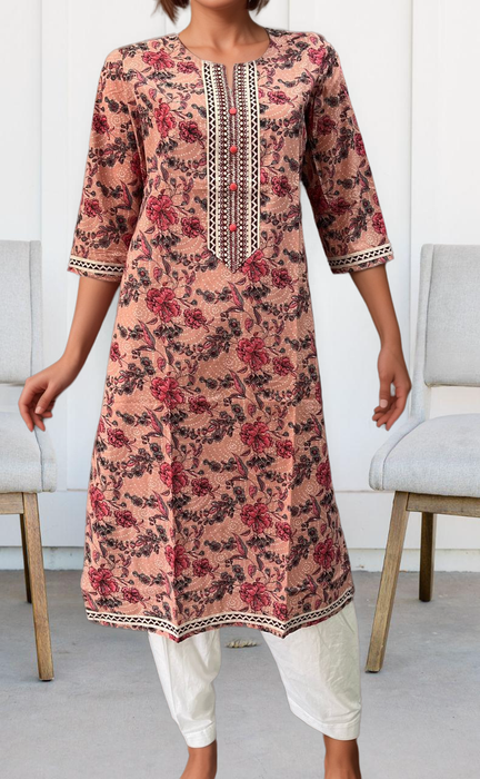 Peach Flora Jaipuri Cotton Kurti. Pure Versatile Cotton. | Laces and Frills