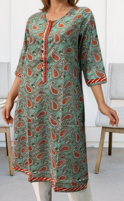 Sea Green/Orange Motif Jaipuri Cotton Kurti. Pure Versatile Cotton. | Laces and Frills