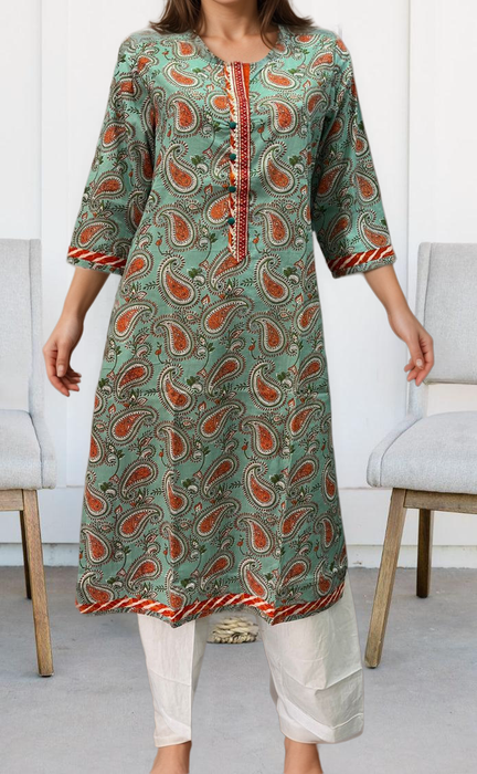 Sea Green/Orange Motif Jaipuri Cotton Kurti. Pure Versatile Cotton. | Laces and Frills