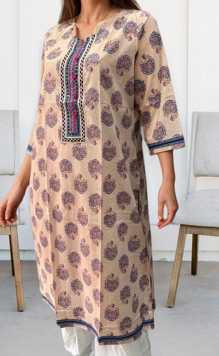 Peach Flora Jaipuri Cotton Kurti. Pure Versatile Cotton. | Laces and Frills