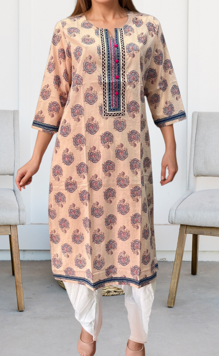 Peach Flora Jaipuri Cotton Kurti. Pure Versatile Cotton. | Laces and Frills