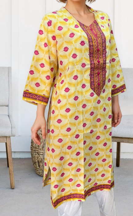 Off White/Yellow Flora Jaipuri Cotton Kurti. Pure Versatile Cotton. | Laces and Frills