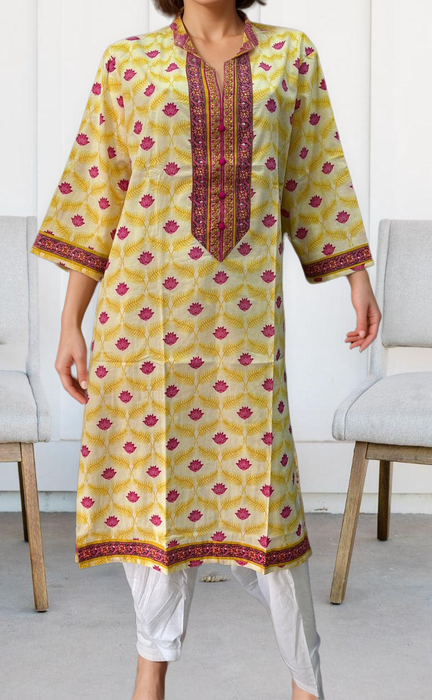 Off White/Yellow Flora Jaipuri Cotton Kurti. Pure Versatile Cotton. | Laces and Frills