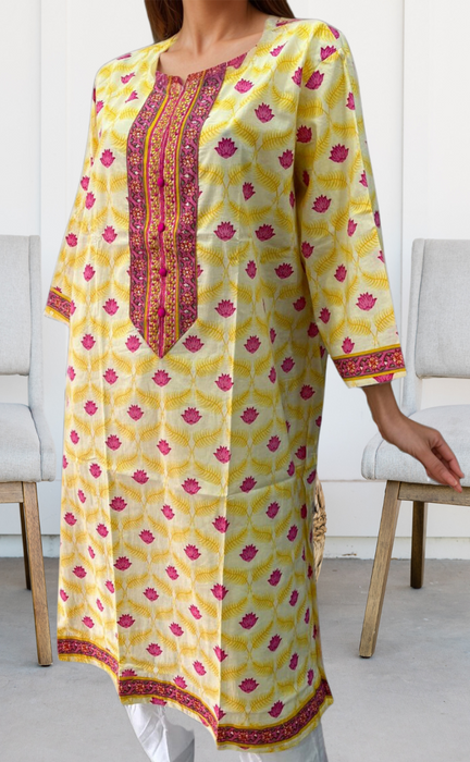 Off White/Yellow Flora Jaipuri Cotton Kurti. Pure Versatile Cotton. | Laces and Frills