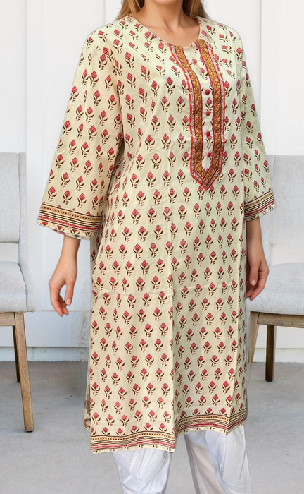 Off White/Peach Flora Jaipuri Cotton Kurti. Pure Versatile Cotton. | Laces and Frills