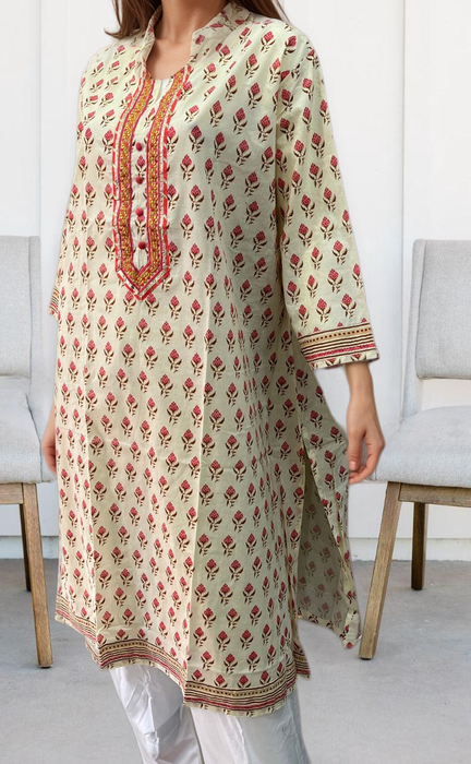 Off White/Peach Flora Jaipuri Cotton Kurti. Pure Versatile Cotton. | Laces and Frills