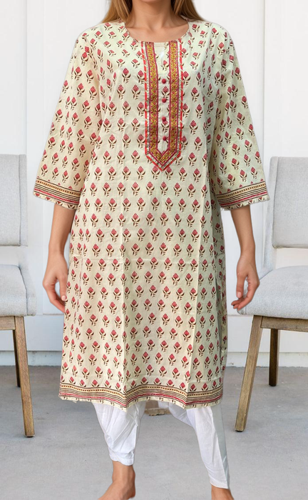 Off White/Peach Flora Jaipuri Cotton Kurti. Pure Versatile Cotton. | Laces and Frills