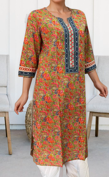 Green/Orange Garden Jaipuri Cotton Kurti. Pure Versatile Cotton. | Laces and Frills