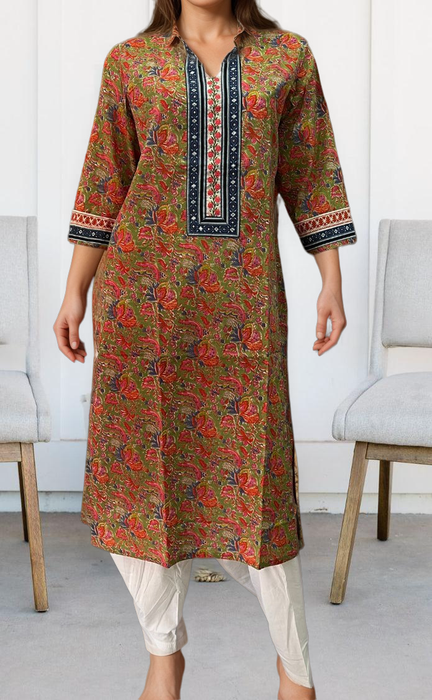 Green/Orange Garden Jaipuri Cotton Kurti. Pure Versatile Cotton. | Laces and Frills