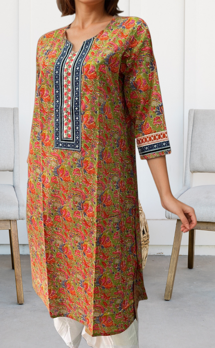 Green/Orange Garden Jaipuri Cotton Kurti. Pure Versatile Cotton. | Laces and Frills