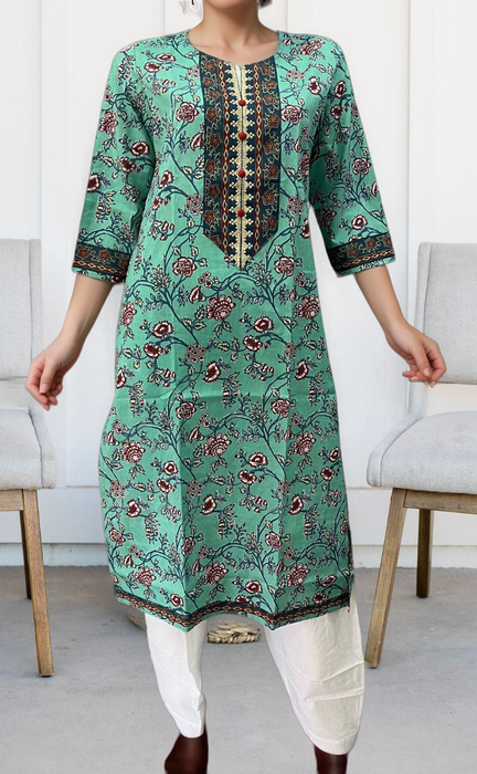 Sea Green/Blue Garden Jaipuri Cotton Kurti. Pure Versatile Cotton. | Laces and Frills