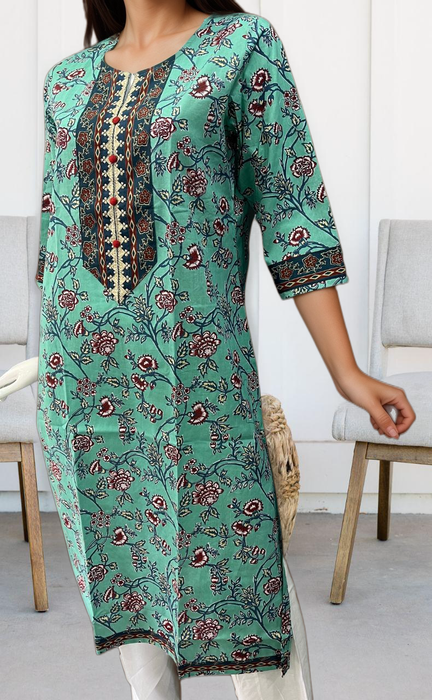 Sea Green/Blue Garden Jaipuri Cotton Kurti. Pure Versatile Cotton. | Laces and Frills