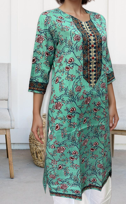 Sea Green/Blue Garden Jaipuri Cotton Kurti. Pure Versatile Cotton. | Laces and Frills