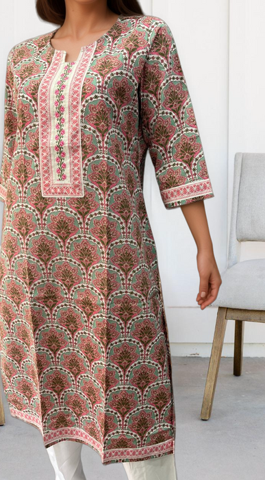 Pista Green/Pink Garden Jaipuri Cotton Kurti. Pure Versatile Cotton. | Laces and Frills