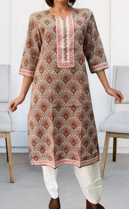 Pista Green/Pink Garden Jaipuri Cotton Kurti. Pure Versatile Cotton. | Laces and Frills