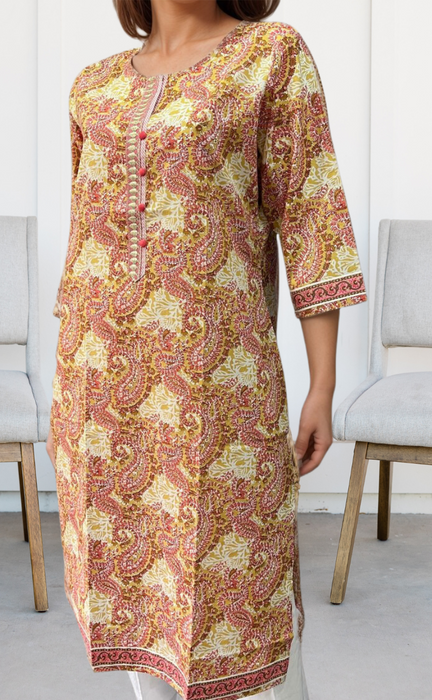 Mustard Flora Jaipuri Cotton Kurti. Pure Versatile Cotton. | Laces and Frills