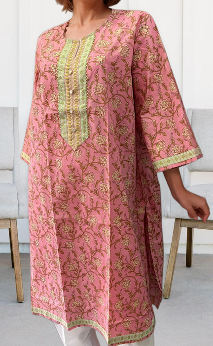 Pink Floral Jaipuri Cotton Kurti. Pure Versatile Cotton. | Laces and Frills