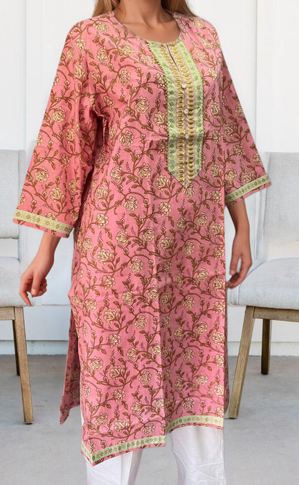 Pink Floral Jaipuri Cotton Kurti. Pure Versatile Cotton. | Laces and Frills