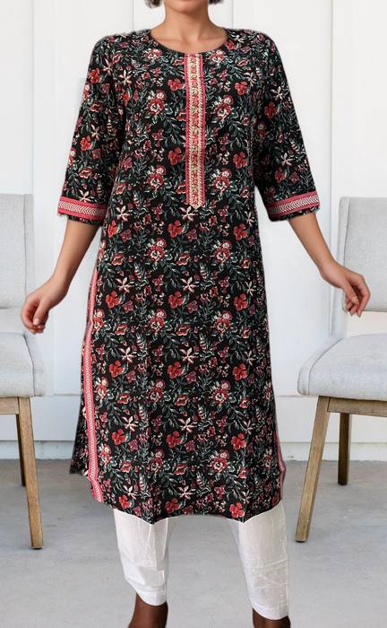 Black/Red Flora Jaipuri Cotton Kurti. Pure Versatile Cotton. | Laces and Frills