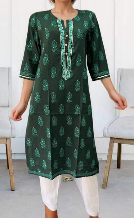 Bottle Green Garden Jaipuri Cotton Kurti. Pure Versatile Cotton. | Laces and Frills