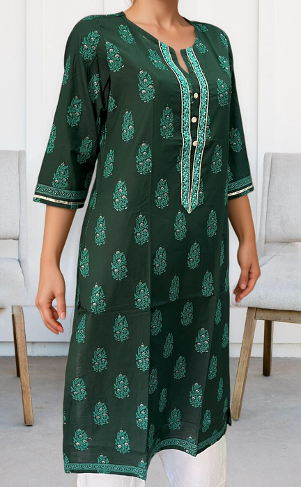 Bottle Green Garden Jaipuri Cotton Kurti. Pure Versatile Cotton. | Laces and Frills