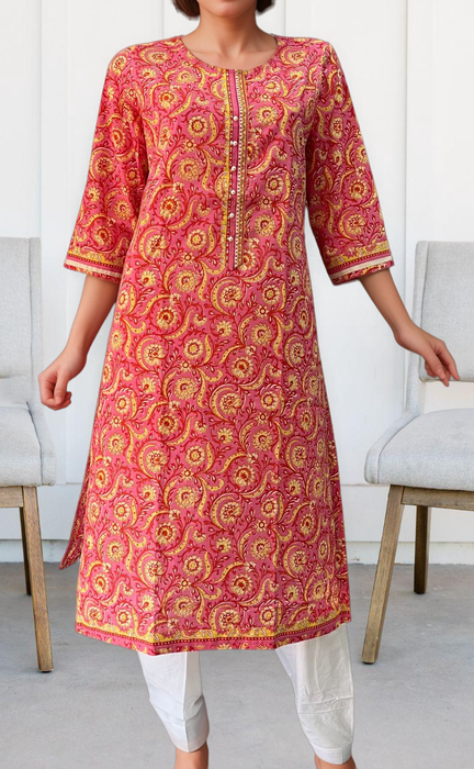 Rani Pink/Yellow Garden Jaipuri Cotton Kurti. Pure Versatile Cotton. | Laces and Frills