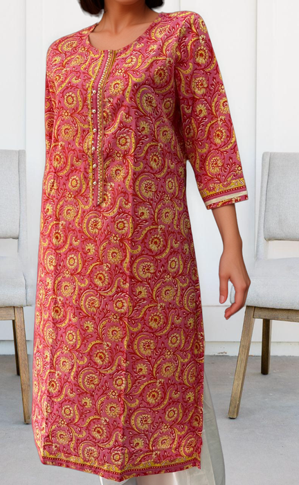 Rani Pink/Yellow Garden Jaipuri Cotton Kurti. Pure Versatile Cotton. | Laces and Frills