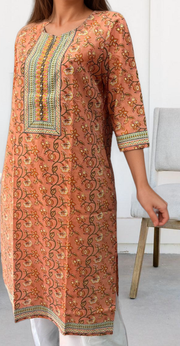 Peach Floral Jaipuri Cotton Kurti. Pure Versatile Cotton. | Laces and Frills