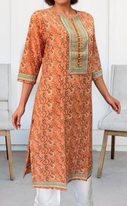 Peach Floral Jaipuri Cotton Kurti. Pure Versatile Cotton. | Laces and Frills