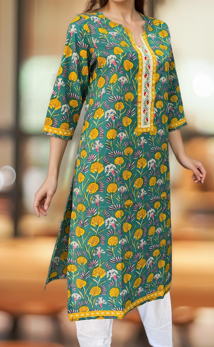 Sea Green/Yellow Garden Jaipuri Cotton Kurti. Pure Versatile Cotton. | Laces and Frills