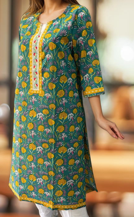 Sea Green/Yellow Garden Jaipuri Cotton Kurti. Pure Versatile Cotton. | Laces and Frills