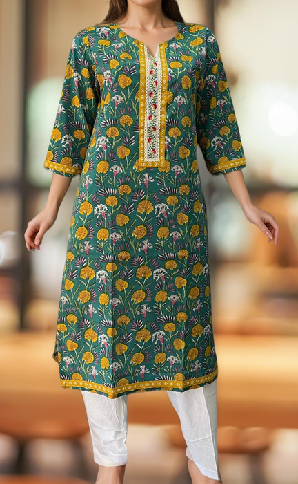 Sea Green/Yellow Garden Jaipuri Cotton Kurti. Pure Versatile Cotton. | Laces and Frills