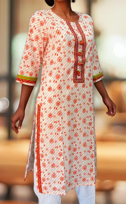 White/Orange Floral Jaipuri Cotton Kurti. Pure Versatile Cotton. | Laces and Frills