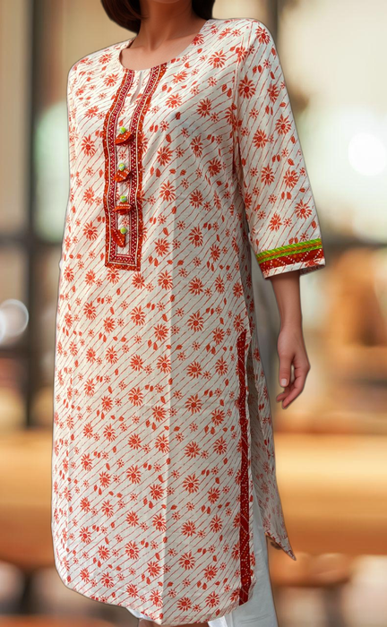 White/Orange Floral Jaipuri Cotton Kurti. Pure Versatile Cotton. | Laces and Frills