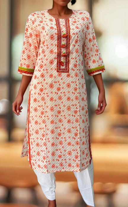 White/Orange Floral Jaipuri Cotton Kurti. Pure Versatile Cotton. | Laces and Frills