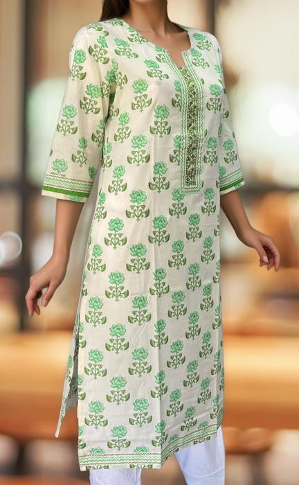 Off White/Green Floral Jaipuri Cotton Kurti. Pure Versatile Cotton. | Laces and Frills