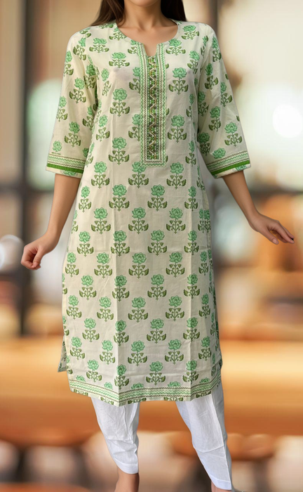 Off White/Green Floral Jaipuri Cotton Kurti. Pure Versatile Cotton. | Laces and Frills