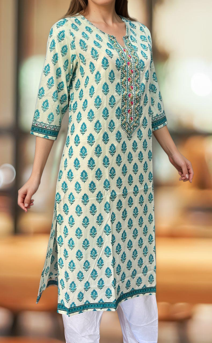 Off White/Sky Blue Floral Jaipuri Cotton Kurti. Pure Versatile Cotton. | Laces and Frills