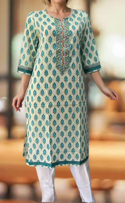 Off White/Sky Blue Floral Jaipuri Cotton Kurti. Pure Versatile Cotton. | Laces and Frills