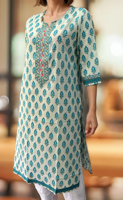 Off White/Sky Blue Floral Jaipuri Cotton Kurti. Pure Versatile Cotton. | Laces and Frills