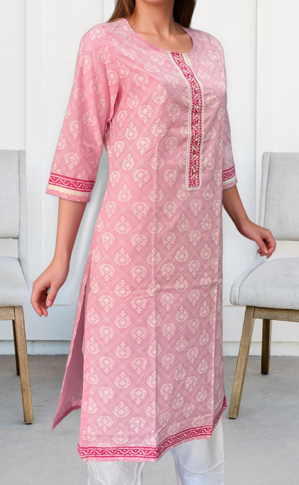 Baby Pink Motif Jaipuri Cotton Kurti. Pure Versatile Cotton. | Laces and Frills