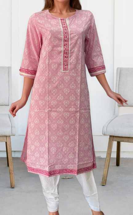 Baby Pink Motif Jaipuri Cotton Kurti. Pure Versatile Cotton. | Laces and Frills