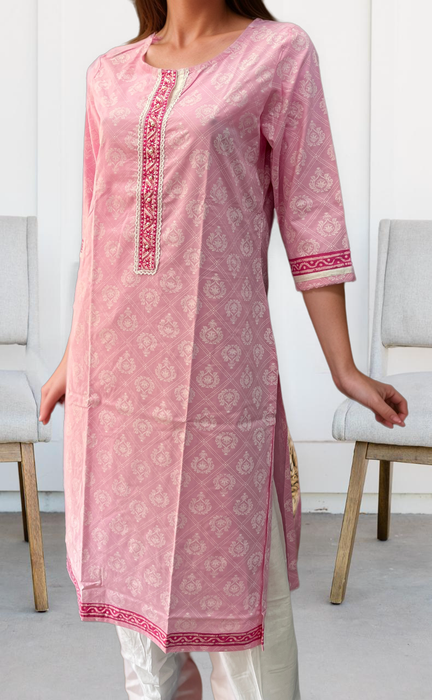 Baby Pink Motif Jaipuri Cotton Kurti. Pure Versatile Cotton. | Laces and Frills