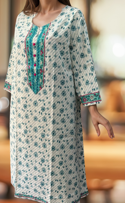 White/Sea Green Flora Jaipuri Cotton Kurti. Pure Versatile Cotton. | Laces and Frills