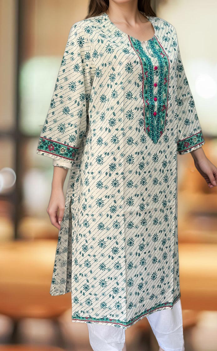 White/Sea Green Flora Jaipuri Cotton Kurti. Pure Versatile Cotton. | Laces and Frills