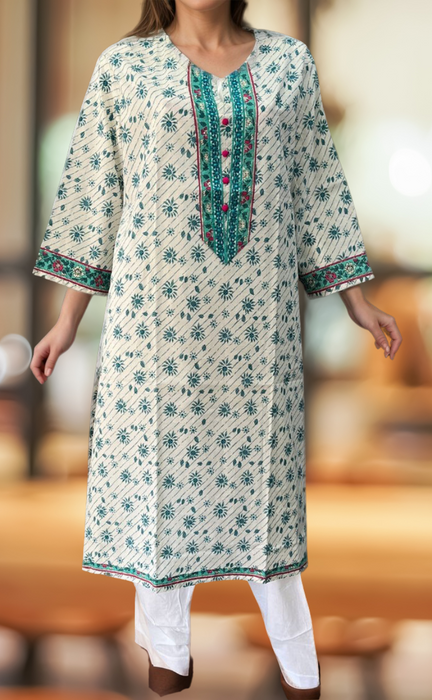 White/Sea Green Flora Jaipuri Cotton Kurti. Pure Versatile Cotton. | Laces and Frills