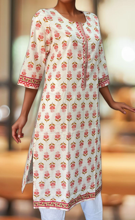 White/Peach Floral Jaipuri Cotton Kurti. Pure Versatile Cotton. | Laces and Frills