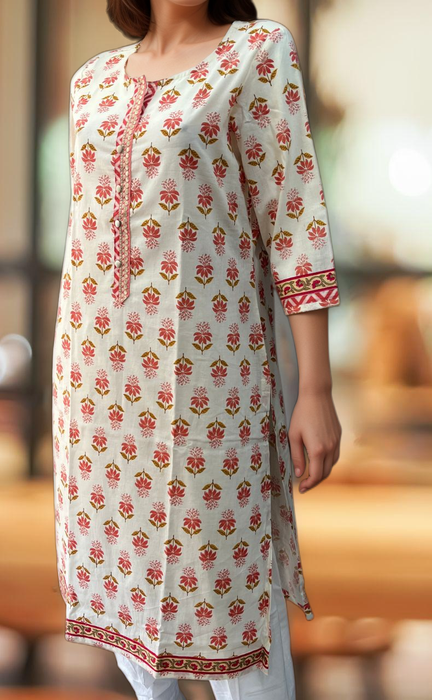 White/Peach Floral Jaipuri Cotton Kurti. Pure Versatile Cotton. | Laces and Frills