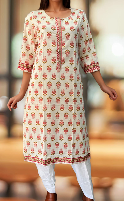 White/Peach Floral Jaipuri Cotton Kurti. Pure Versatile Cotton. | Laces and Frills